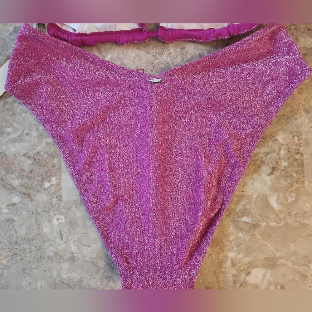 XS M PINK Swim Shimmer High Waist Cheeky Bikini Bottom - Picture 3 of 7